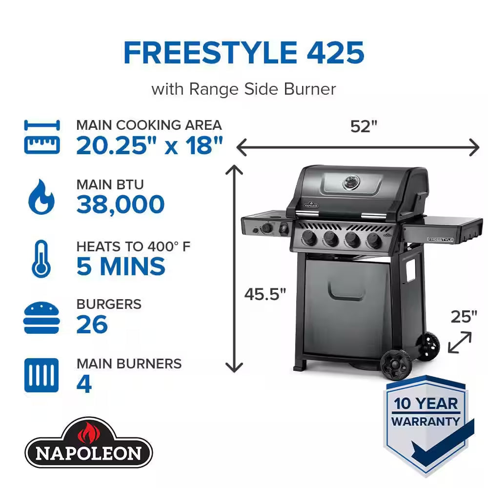 Freestyle 425 4-Burner Propane Gas Grill with Range Side Burner in Graphite Grey