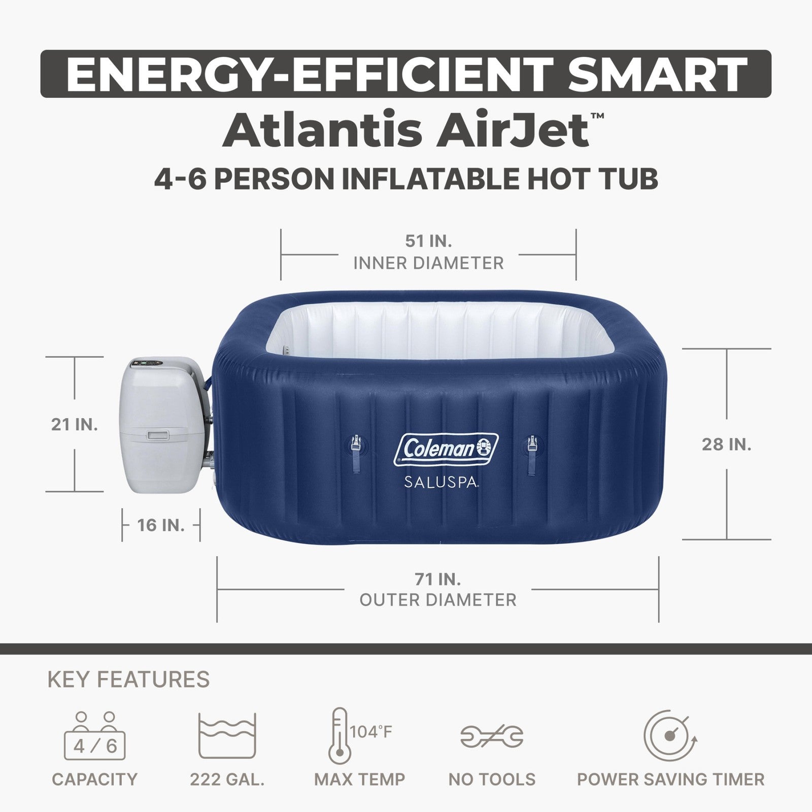 Coleman Atlantis Airjet Square Inflatable Hot Tub with Energysense Cover, Blue