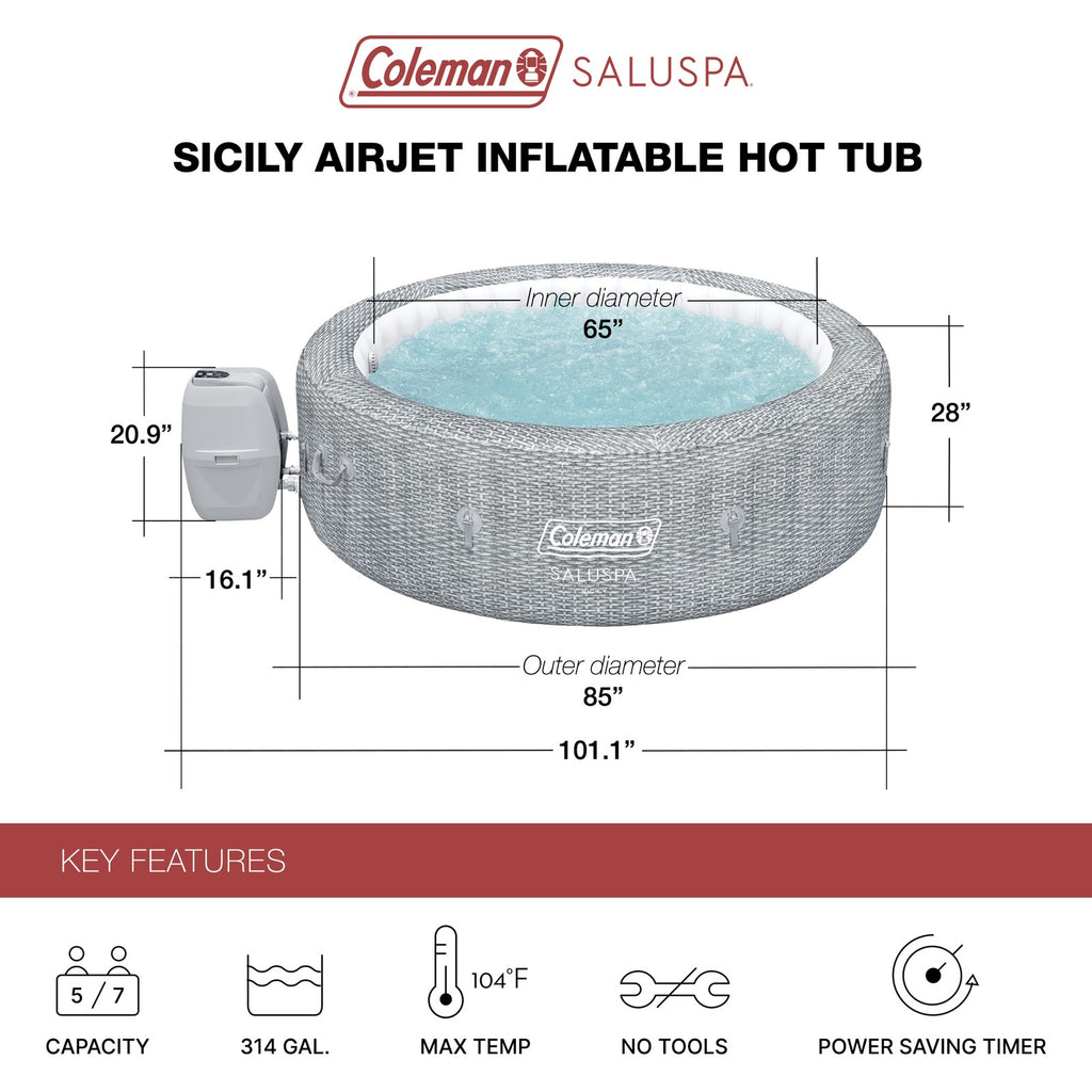 Coleman Saluspa Sicily Airjet Inflatable Hot Tub with 180 Soothing Jets, Gray