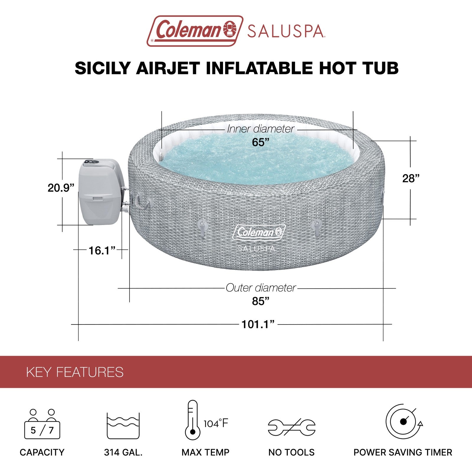 Coleman Saluspa Sicily Airjet Inflatable Hot Tub with 180 Soothing Jets, Gray
